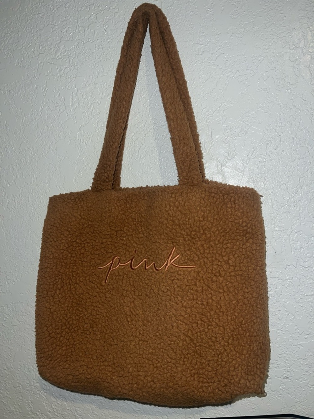 PINK Victoria's Secret Brown Sherpa Tote with Embroidered Logo